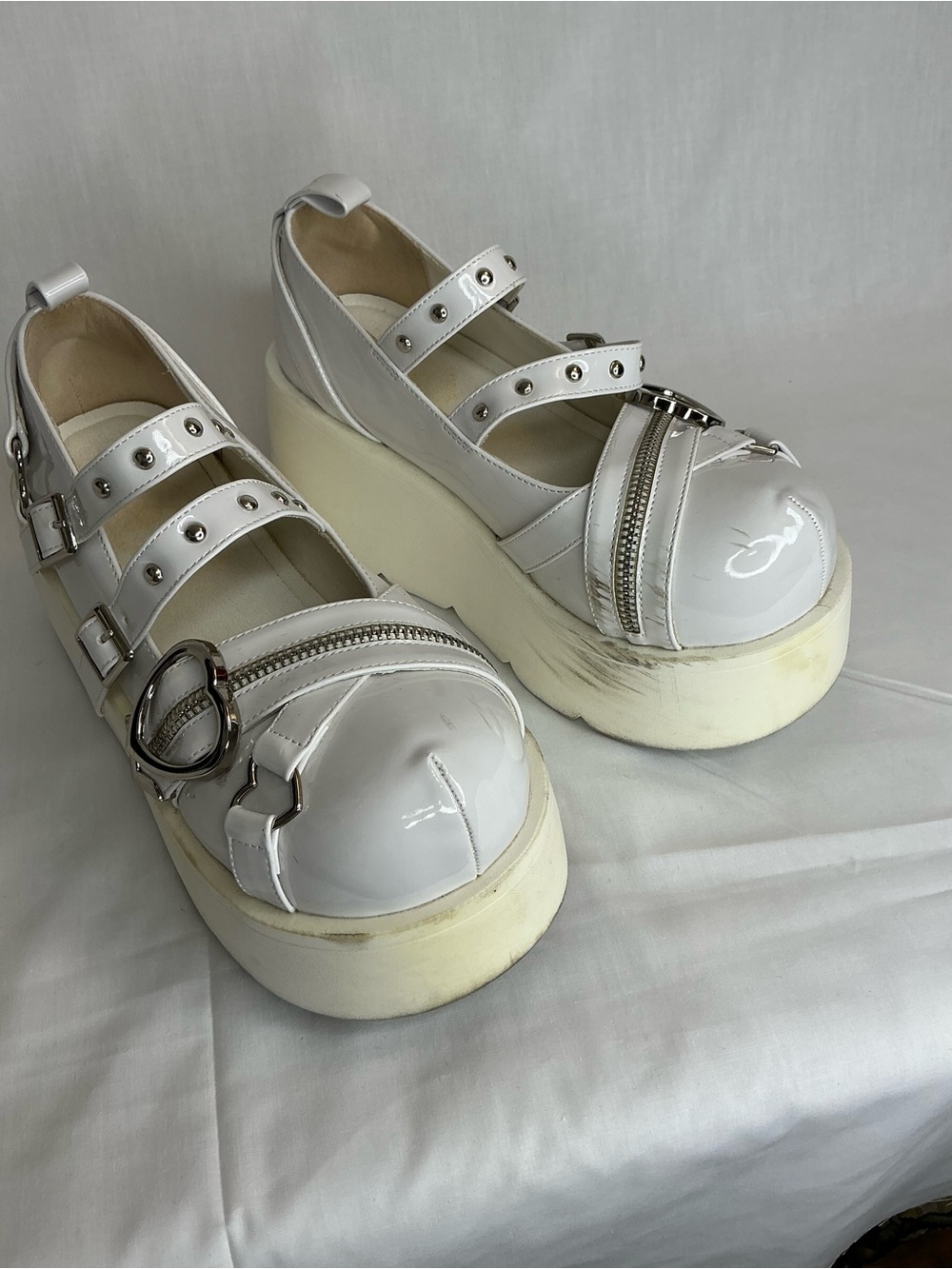 2111 - White Patent Platform Mary Jane with Triple Straps and Zipper Accent